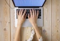 Image of womanÃ¢â¬â¢s hands typing fast on laptop keyboard with dogÃ¢â¬â¢s paws on same tabletop. View from above. Remote work from home